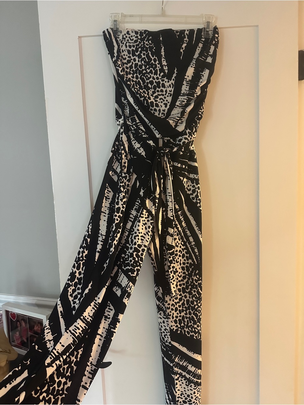 Veronica M Black & White Strapless Printed Jumpsuit